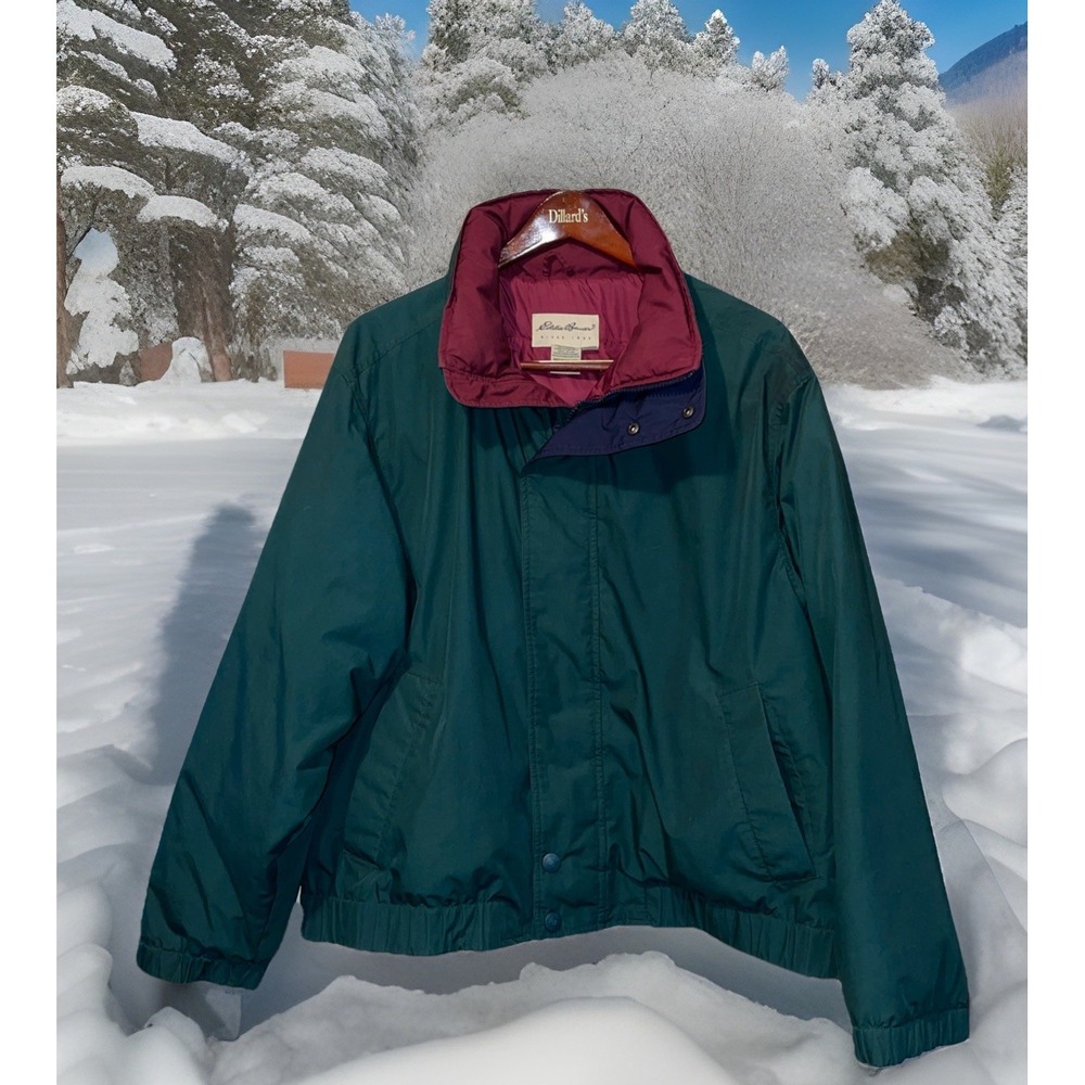 Eddie Bauer Jacket Men XL Green Full Zip Goose Down Lined Mock Neck